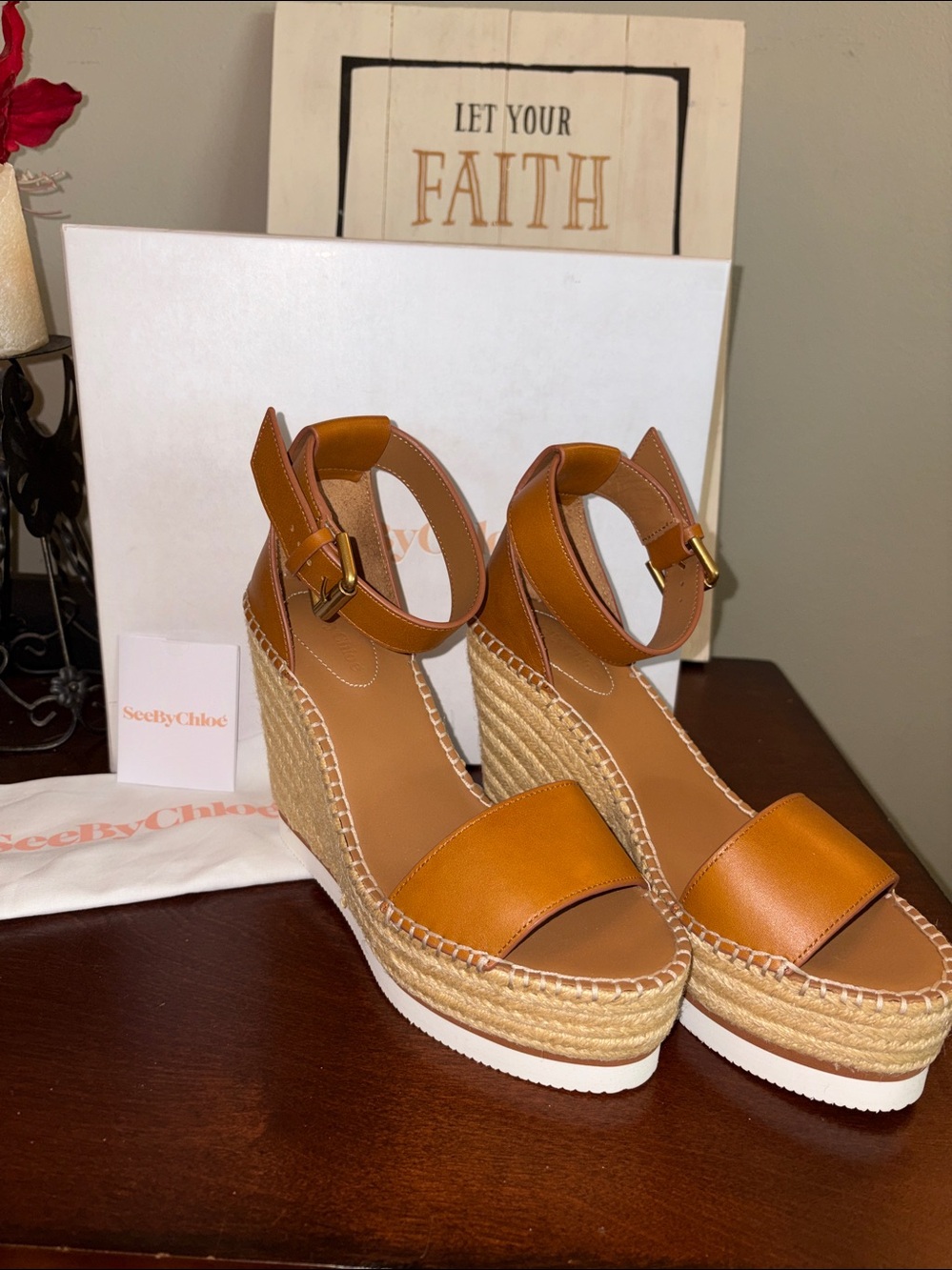 See by Chloe Glyn Tan Leather Espadrille Wedge Sandals Size EU 40 US 9.5 NIB/NWT